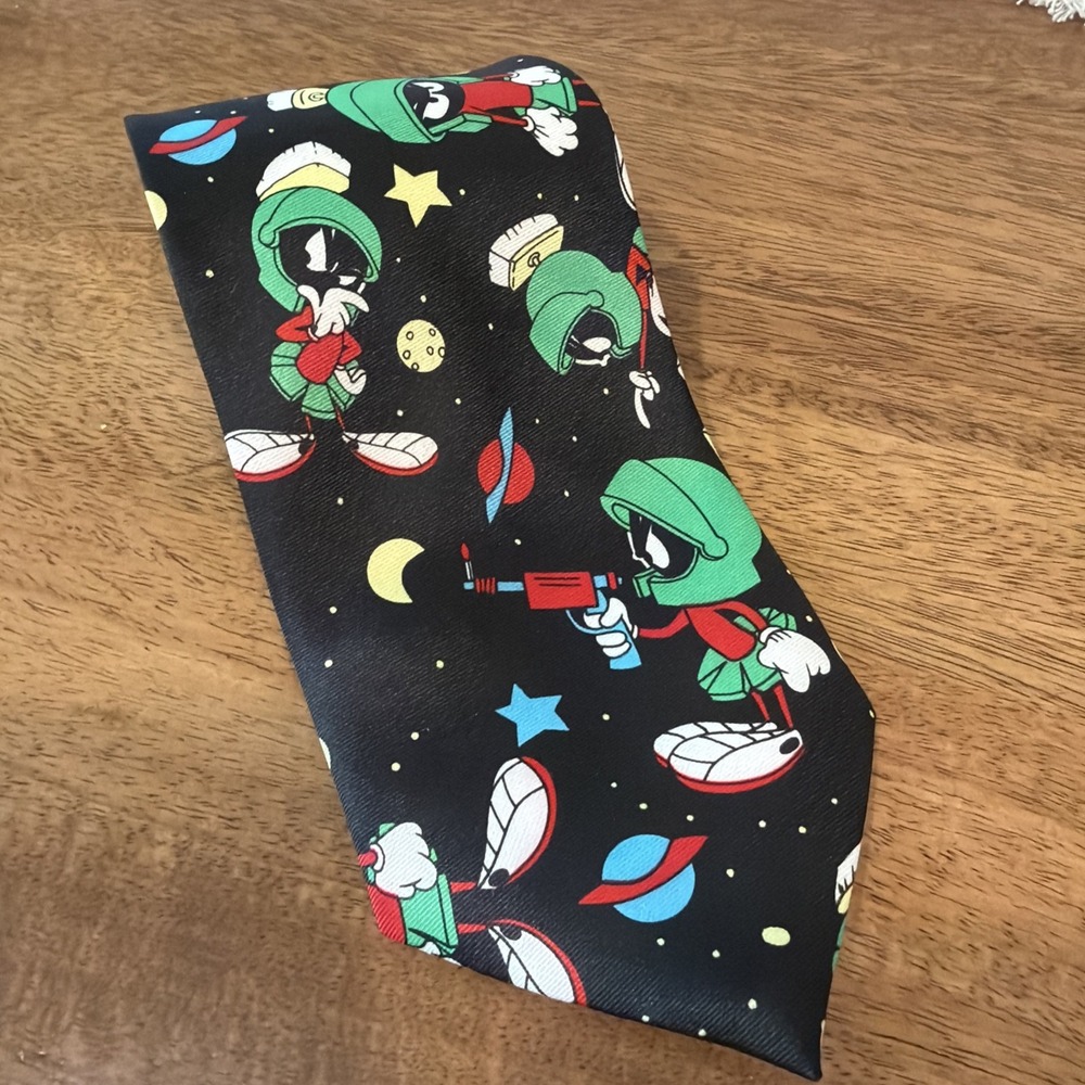 VTG 90s Looney Tunes Marvin the Martian Cartoon Tie Polyester Black Outer Space